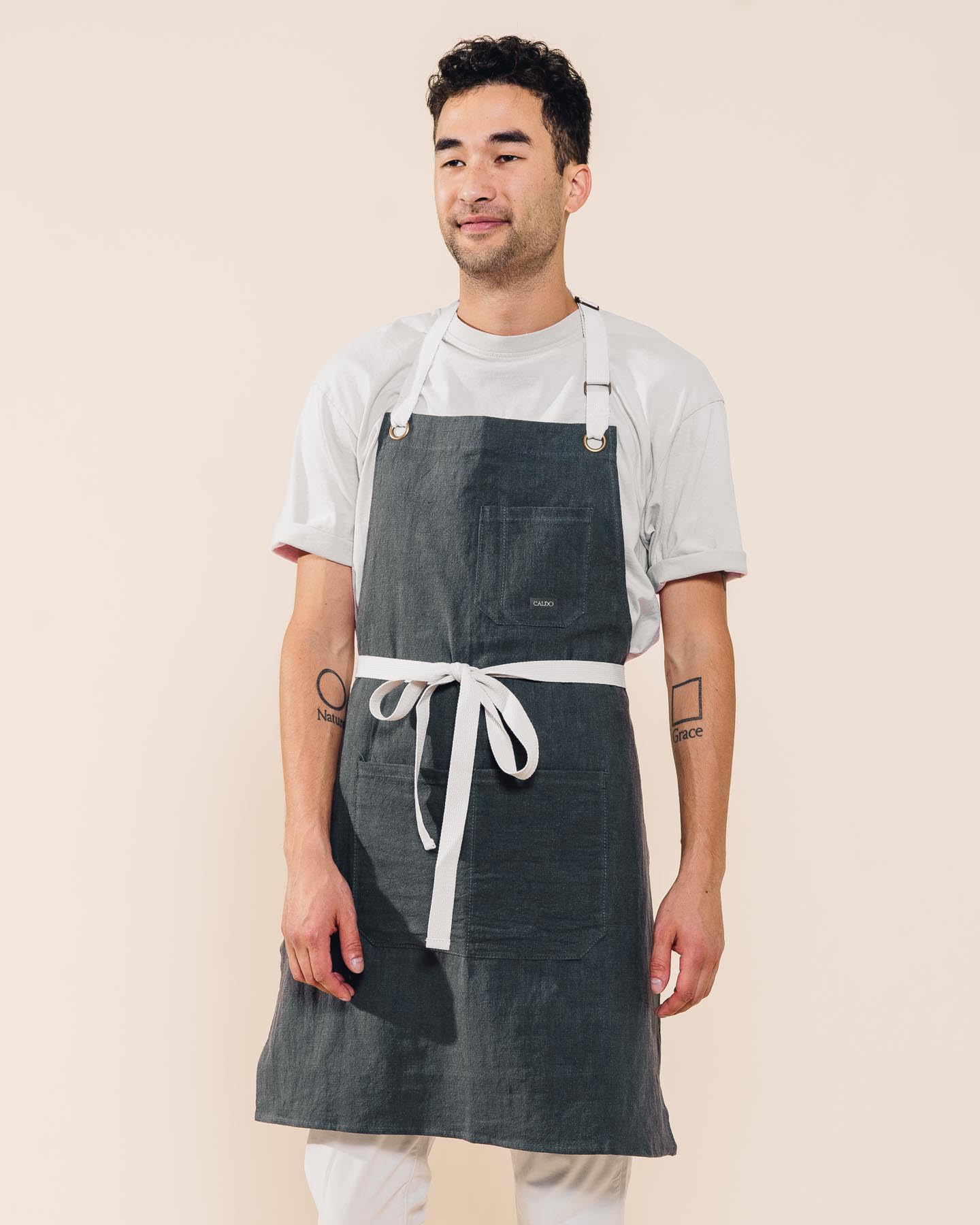 Caldo Linen Kitchen Apron For Cooking- Mens And Womens Linen Bib Apron For Professional Chef, Server, Or Barista - Adjustable Wi