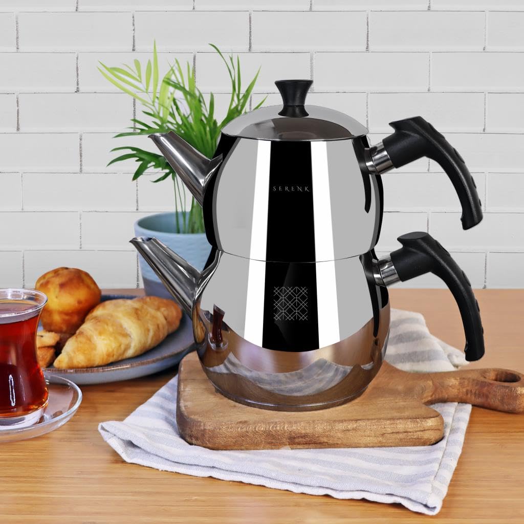 Serenk Traditional Turkish Tea Pot, 18/10 Stainless-Steel Double Tea Pots, Stove Top Turkish Tea Kettle, Rapid Boil,Turkish Teap