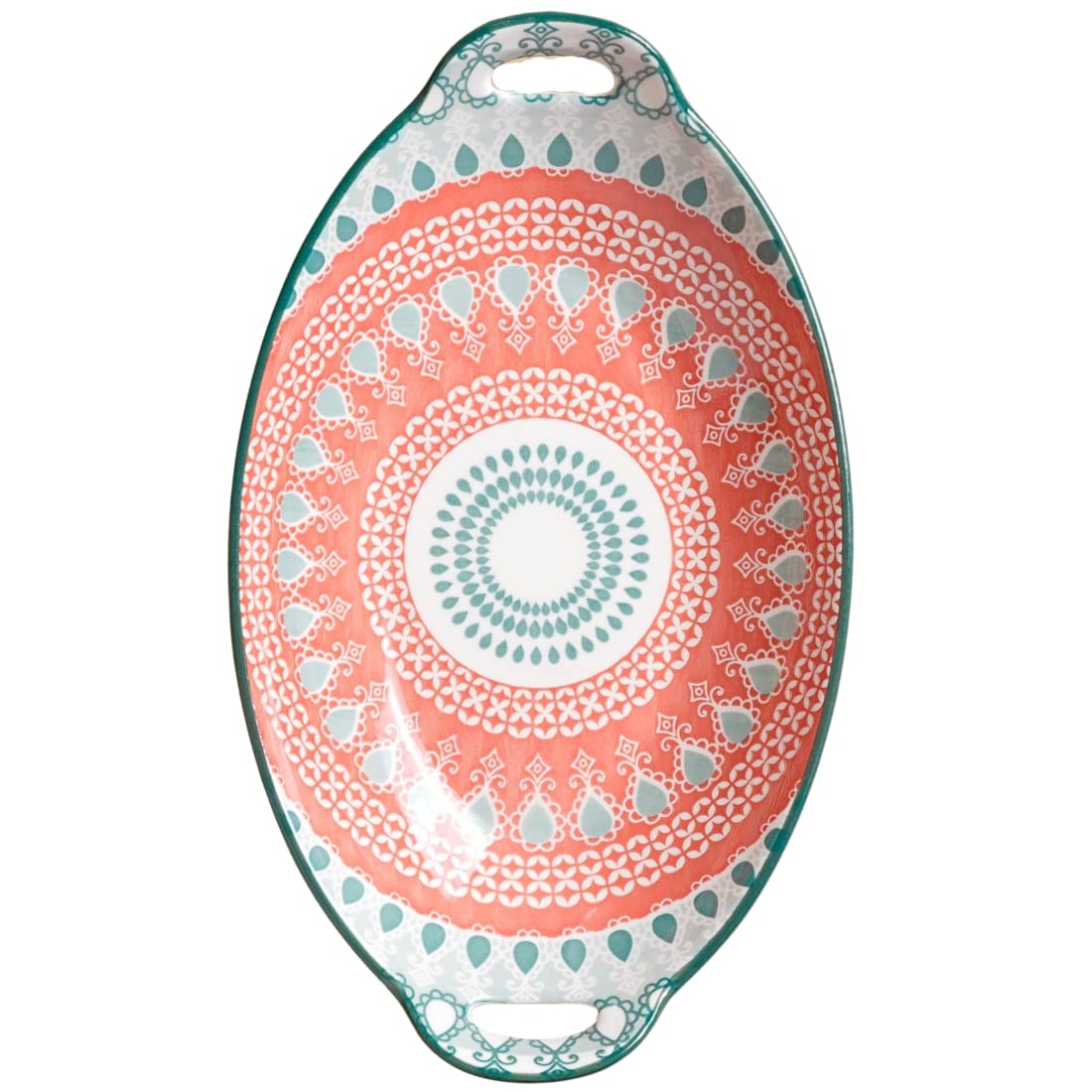 Nestasia Pink and Blue Mandala Ceramic Long Dish with Handles for Serving Snacks, Appetizers, Salads, and Noodles| Microwave Saf