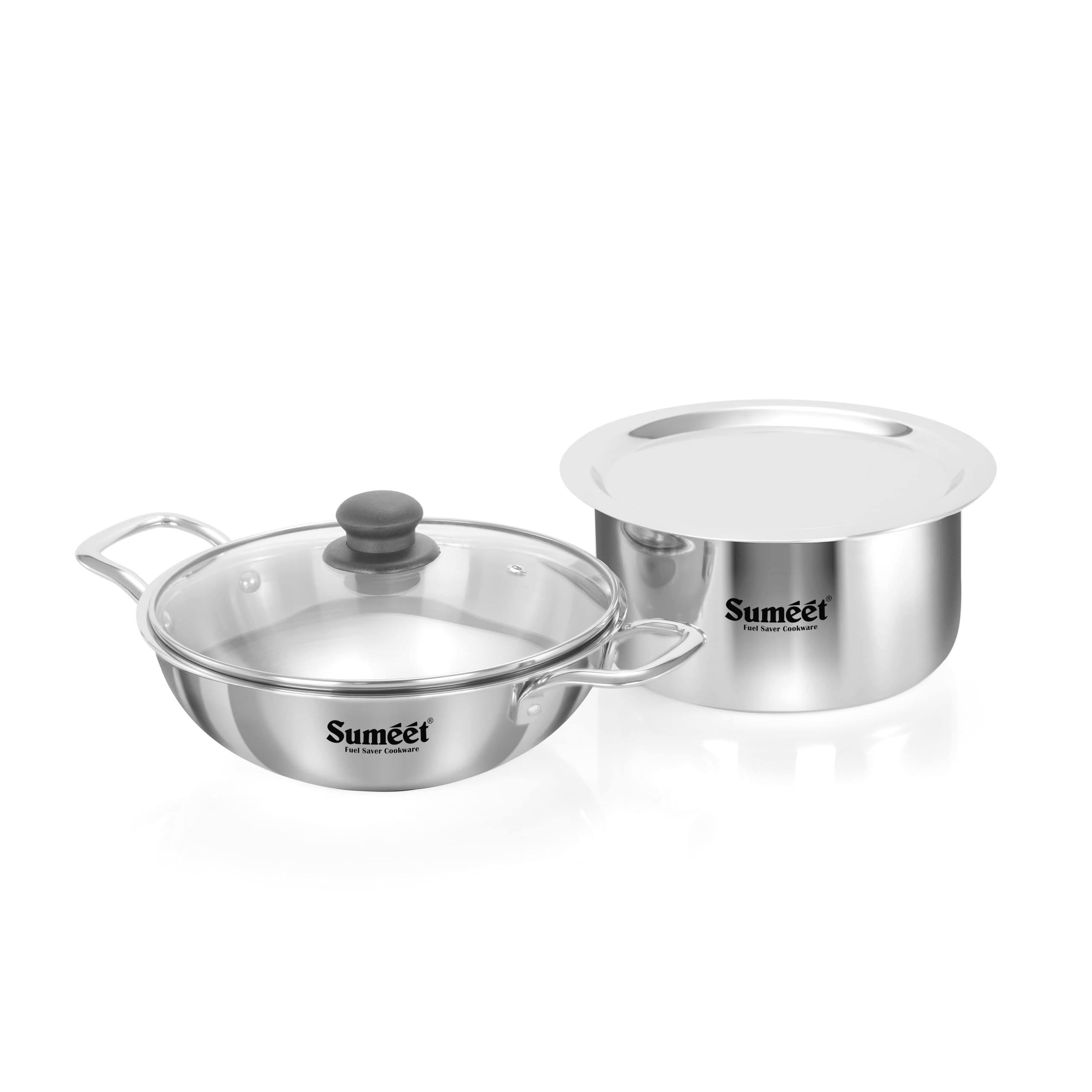 Sumeet Cook Smart TriPly Stainless Steel 4Pc Induction Base Cookware Set of Deep Kadai - 20cm - 1.7L  Tope 18cm  2 LTR with Glass Lid & Steel Lid  Pack of 4  Silver