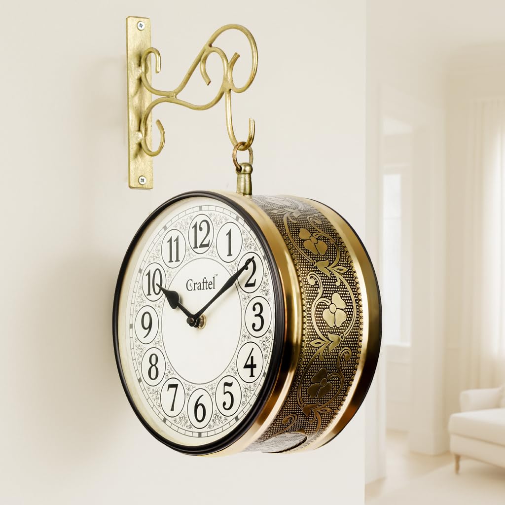 CRAFTEL Metal Analog Double Sided Vintage English Roman Station Wall Clock (Shiny Gold_8 Inches)