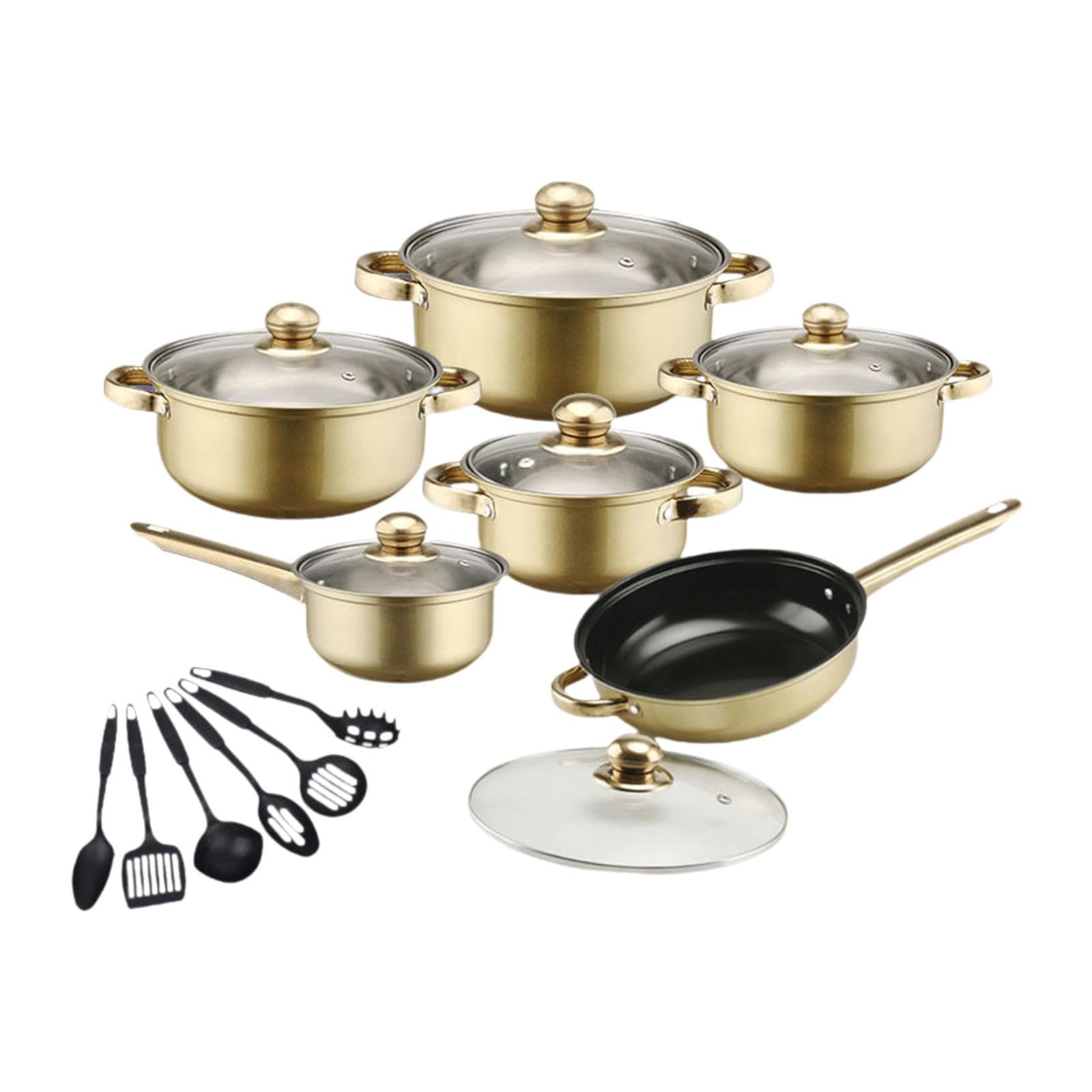 Atorse 6X Pots And Pans Set Saucepan Sturdy Cookware Set For Indoor Camping Kitchen 18Pcs Gold