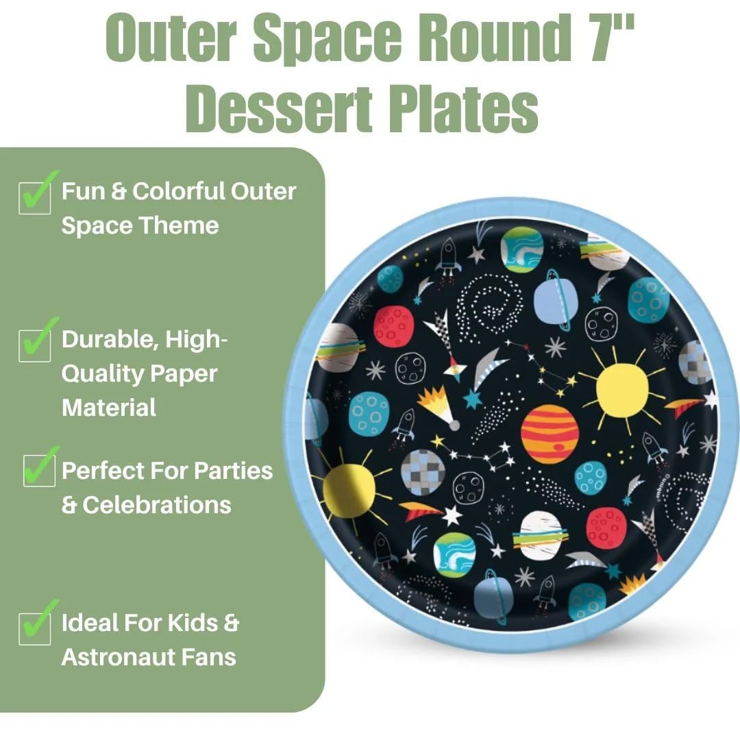 Unique 7'' Round Dessert Paper Plates Outer Space | 8 Pcs, Multi