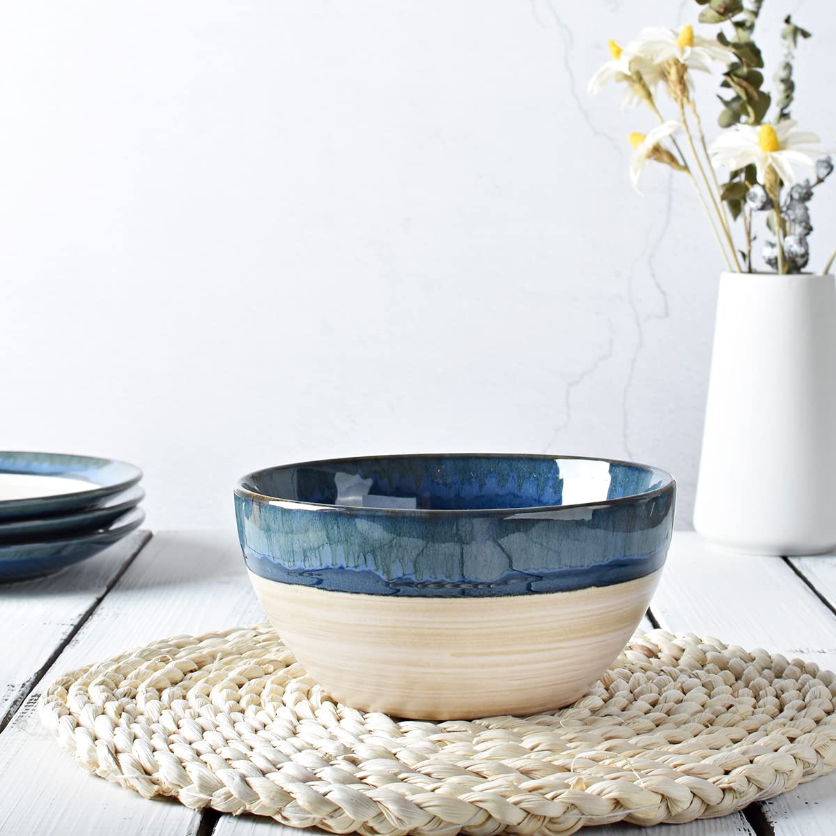 Bosmarlin Stoneware Soup Bowl Set Of 4, 26 Oz, Cereal Bowl For Oatmeal, Dishwasher And Microwave Safe, Reactive Glaze (Deep Blue