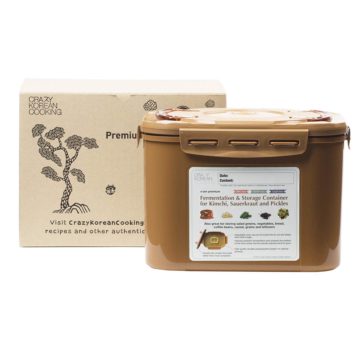 Crazy Korean Cooking Premium Kimchi, Sauerkraut Fermentation And Storage Container With Inner Vacuum Lid, Sandy Brown, 2.2 Gallo