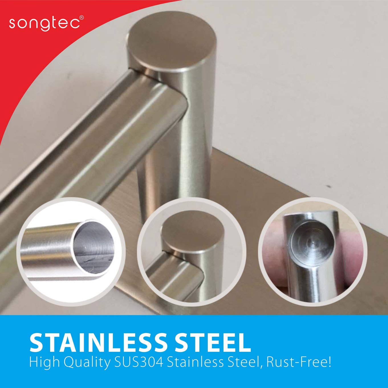 Songtec Bathroom Towel Bar 16-inch  No Drill Stick On Towel Rack  Easy Install with Self-Adhesive  Premium SUS304 Stainless Steel - Brushed Nickle