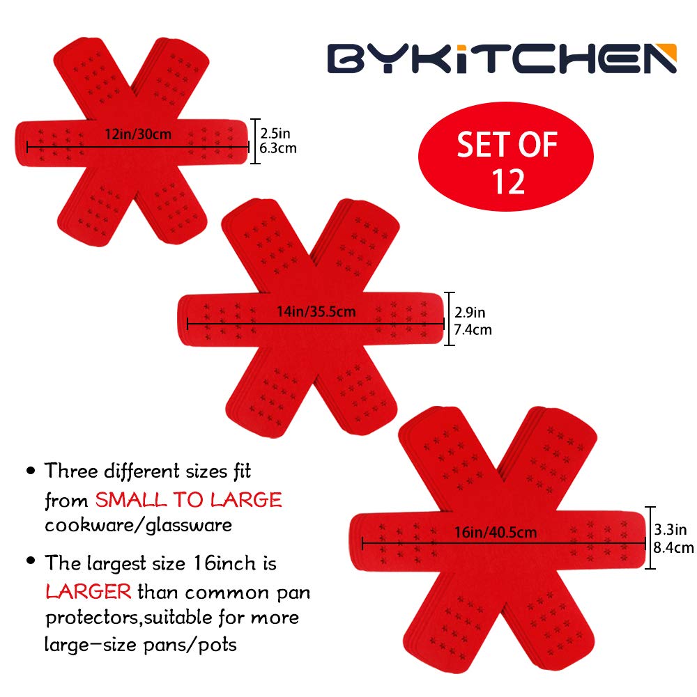Bykitchen Pan Pot Protectors, Larger & Thicker Pan Protector With Stars, Set Of 12 And 3 Different Sizes, Red Pot Divider Pads F