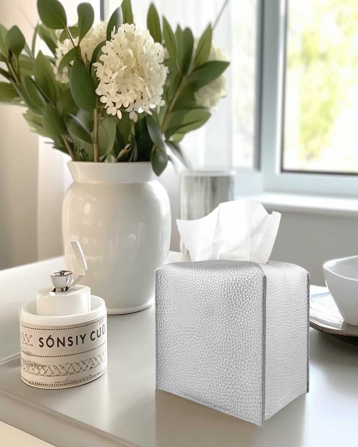 Silver Tissue Box Cover Leather - Square Tissue Box Holder With Bottom Belt By Jesmini, Modern Pu Leather Cube Tissue Holder For