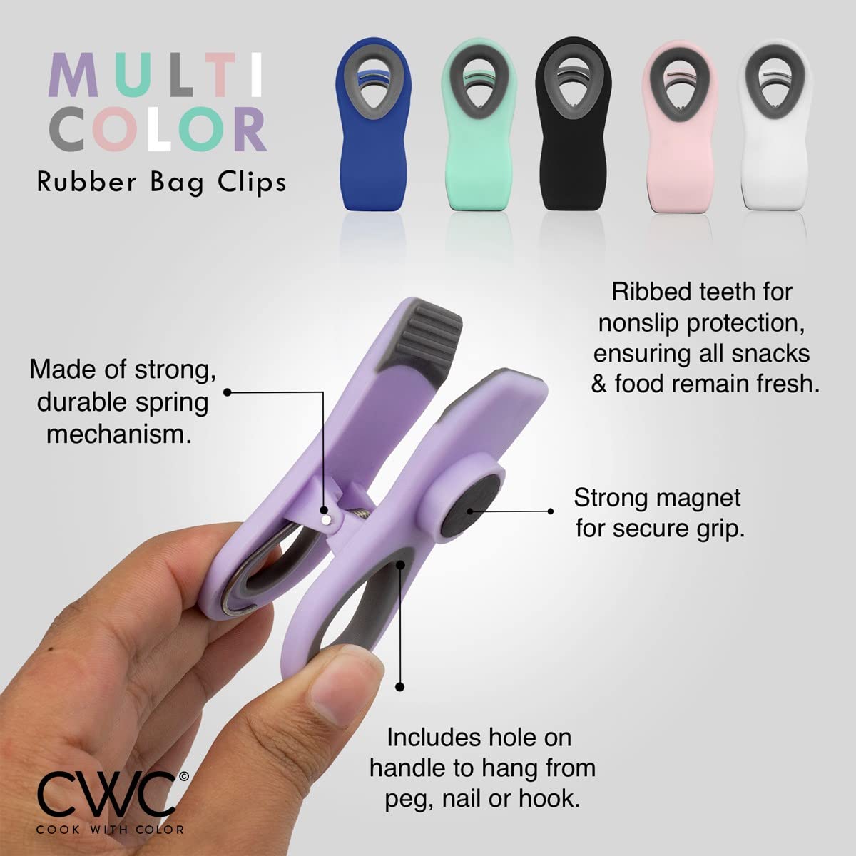Cook With Color Set Of 8 Bag Clips- 2 Large Heavy Duty Chip Clip And 6 Refrigerator Magnet Clips For Food Storage With Air Tight