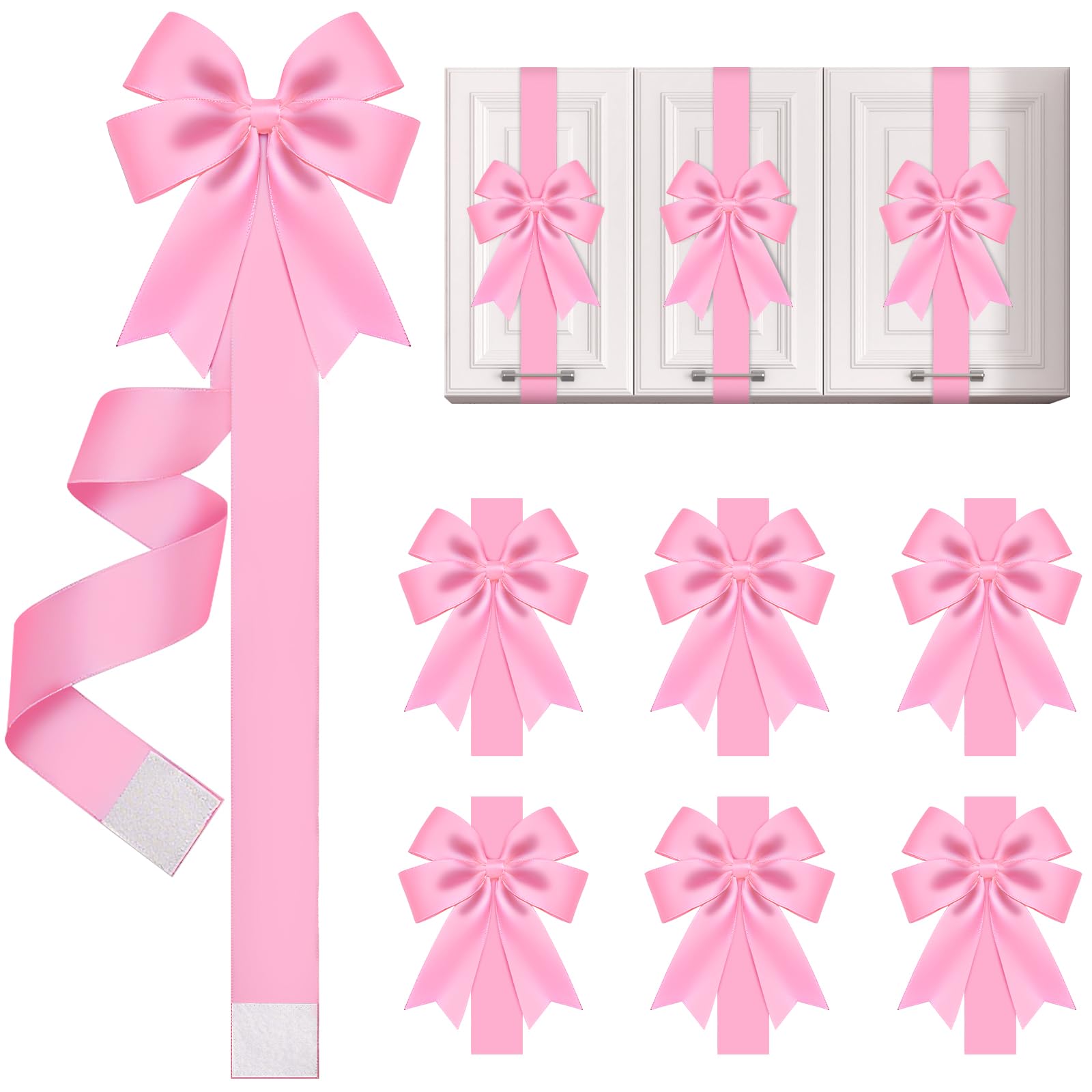 WILLBOND 6 Pieces Pink Christmas Cabinet Ribbons Bows Large Pink Bow Christmas Door Kitchen Cabinet Ribbon Bows Locker for Xmas 