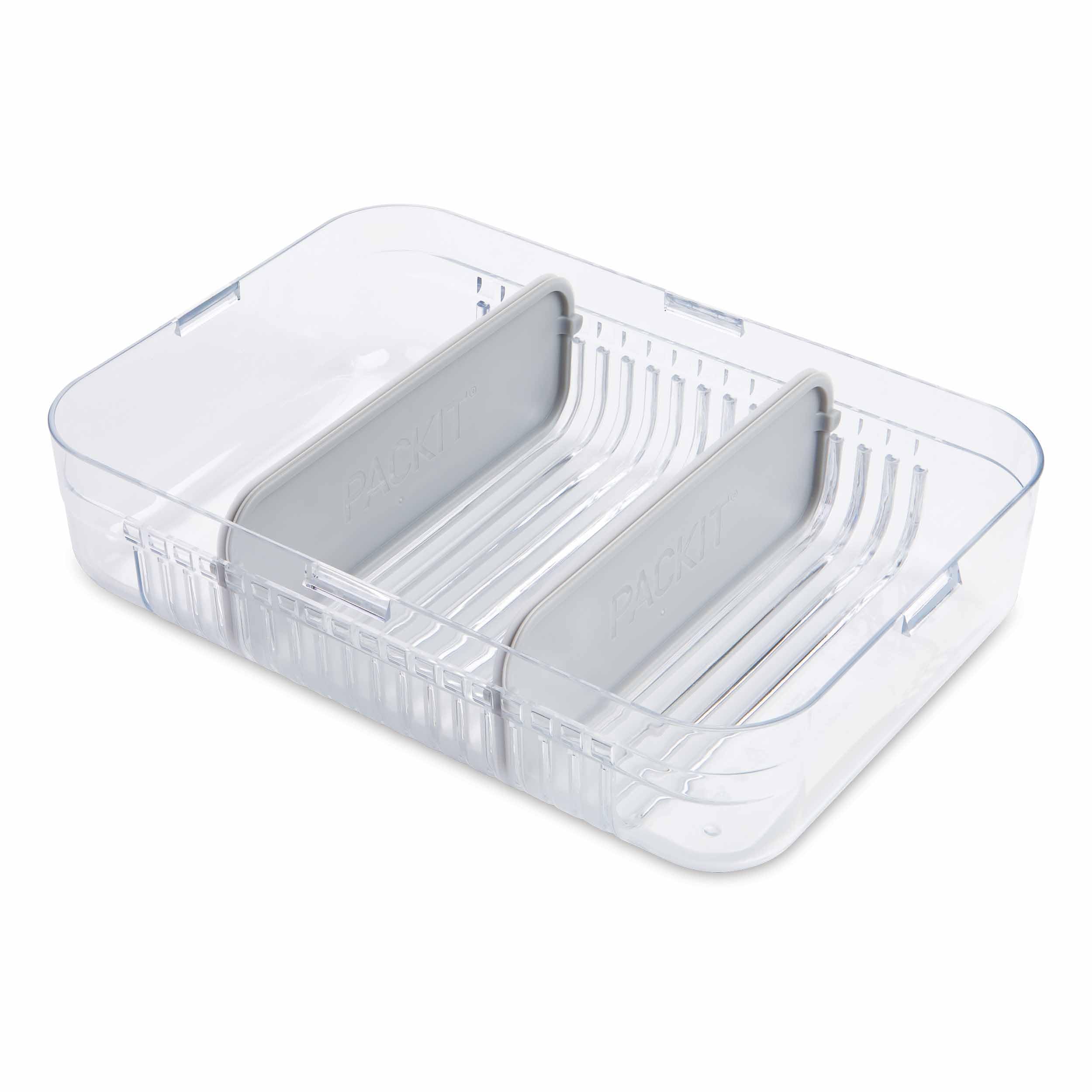 Packit Mod Large Bento Food Storage Container, Steel Gray, Shatterproof Crystal Clear Base, With Leak-Resistant Dividers, Lid, M