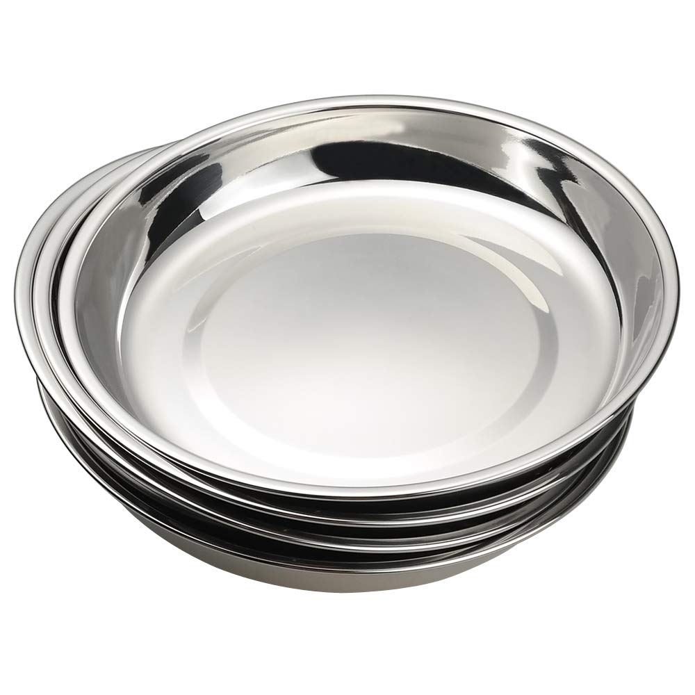 Qskely Stainless Steel Dinner Round Plates, 4 Pack Food Grade Stainless Steel Plates