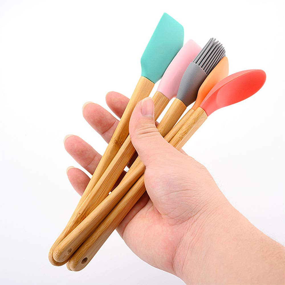 Silicone Spatula, 5 Pack Mini Spatulas Scrapers With Bamboo Handle For Cooking Baking Nonstick Cookware Kitchen Utensils High He