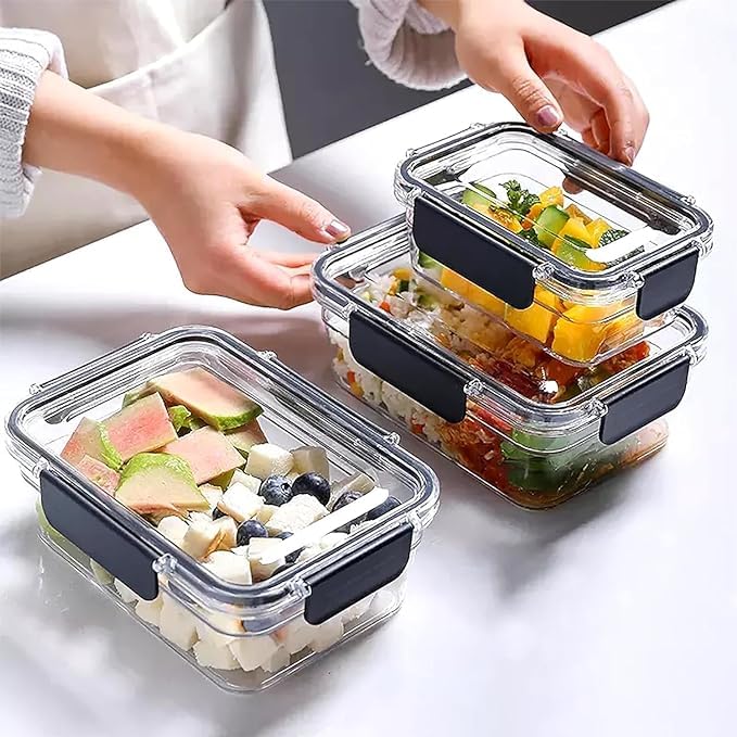 Plastic Stackable & Leakproof Air Tight 3 Piece Container Set For Storage, Perfect For Fridge Storage Black