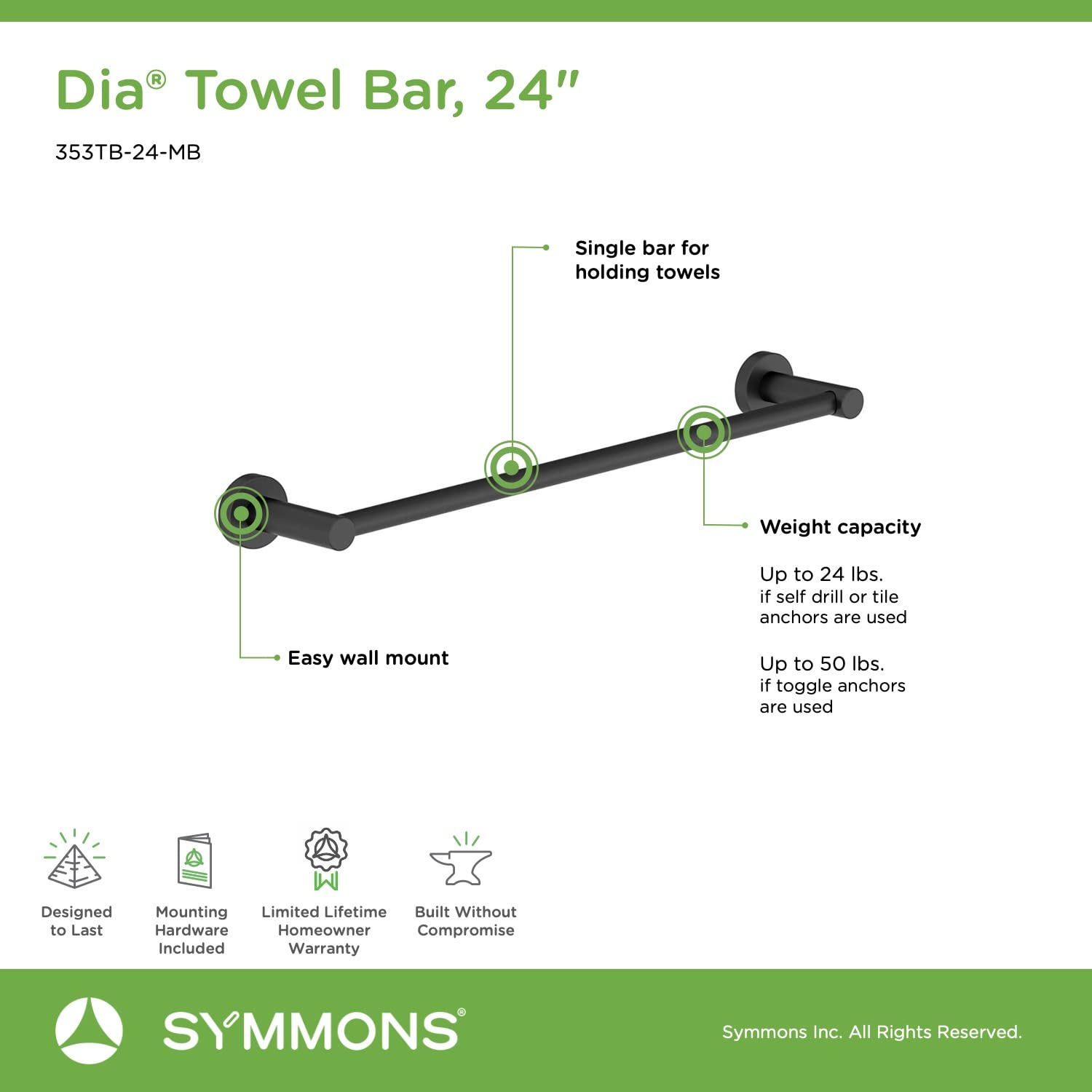 Symmons 353Tb-24-Mb Dia 24 In. Wall-Mounted Towel Bar In Matte Black