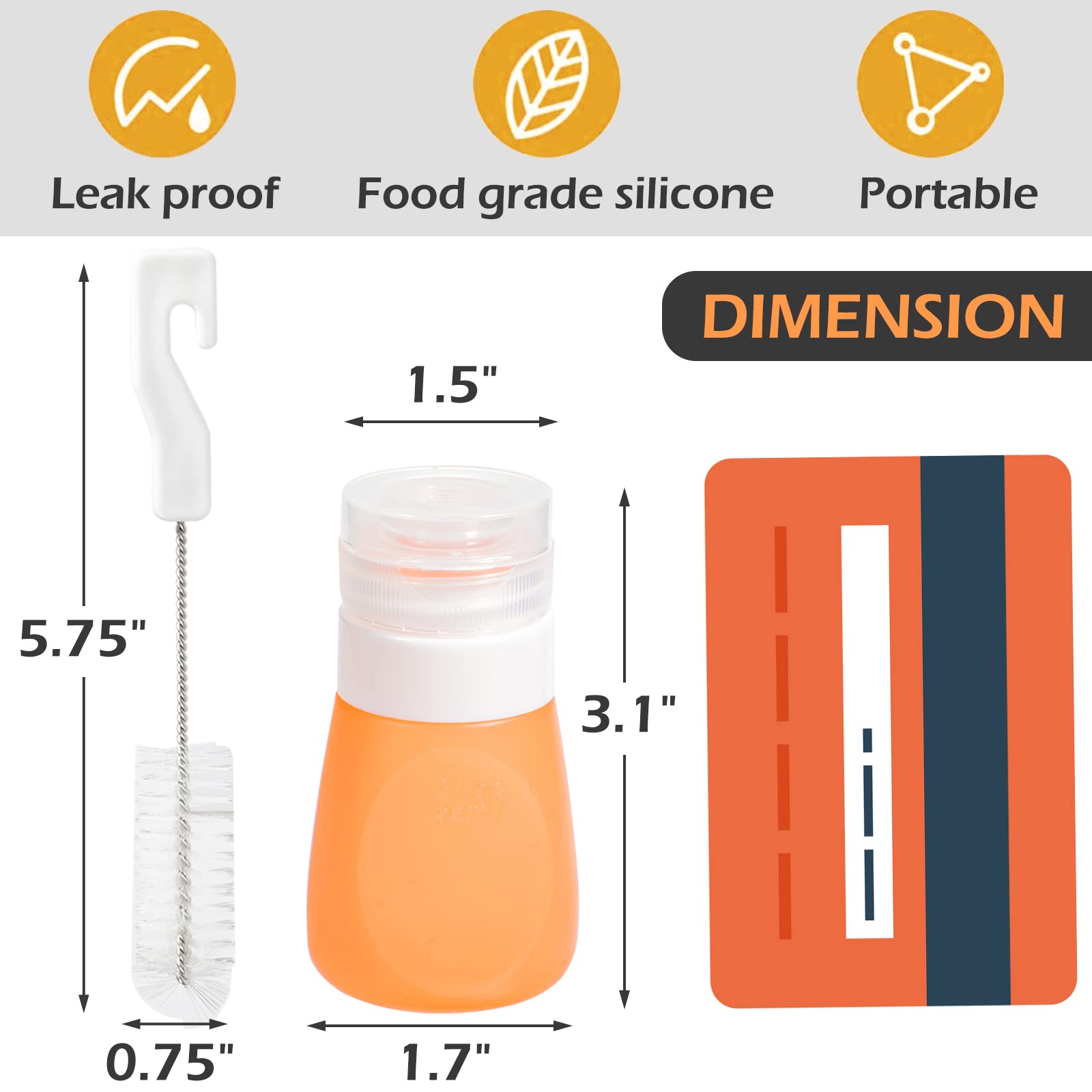 Webake 2Oz Salad Dressing Container To Go, 5 Pack Condiment Squeeze Bottles Silicone Sauce Bottles With 2Pcs Cleaning Brush, Lea