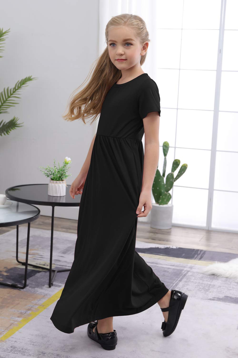Gorlya Girls Short Sleeve Floral Print Loose Casual Holiday Long Maxi Dress With Pockets (8Yearsheight:130Cm, Black Color)