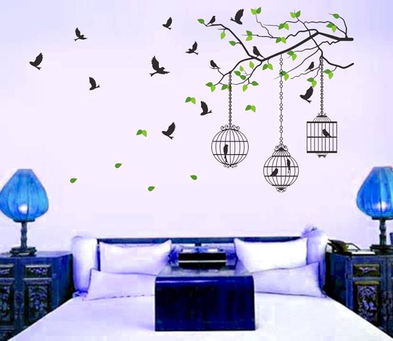 Ghar Kraft Pvc Vinyl Dream Girl | Bird House On A Branch | Branch With Cage|Magical Tree Wall Sticker - Multicolour - Set Of 4,