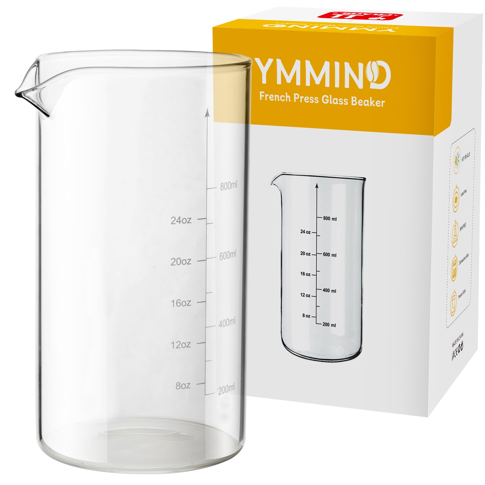 Ymmind Standard Universal Design 34 Oz French Press Replacement Glass Beaker, Fits Most Brands French Press Coffee Makers (1Quar