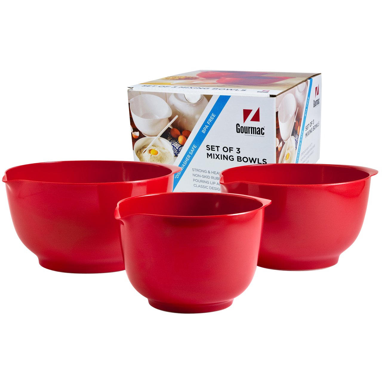 Hutzler, Set Of 3 Melamine Mixing Bowl Set, 2, 3, And 4 Liter, Red