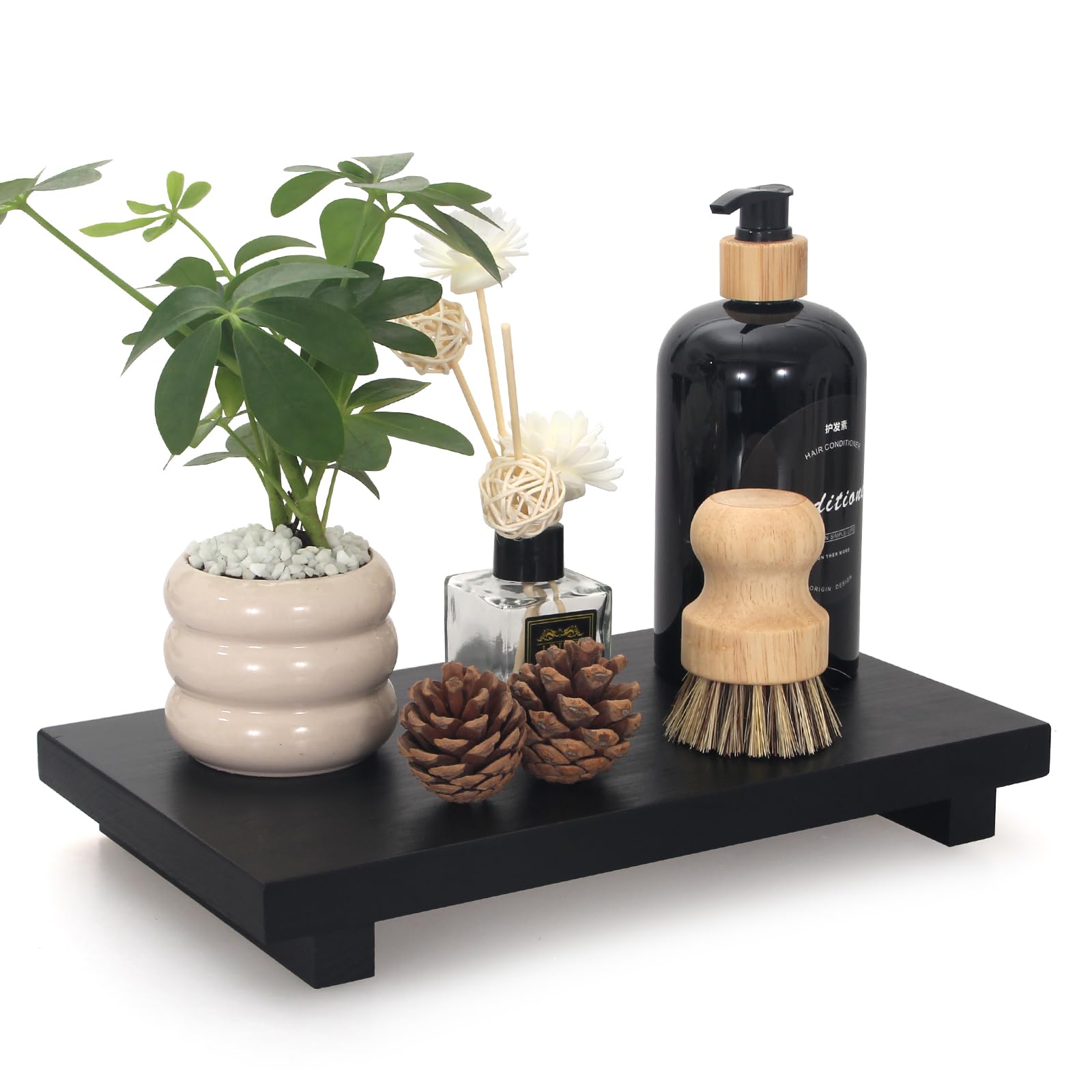 Black Bathroom Counter Tray Organizer Wood Risers Stand Kitchen Sink Tray Dish Soap Dispenser Holder for Countertop Modern Woode