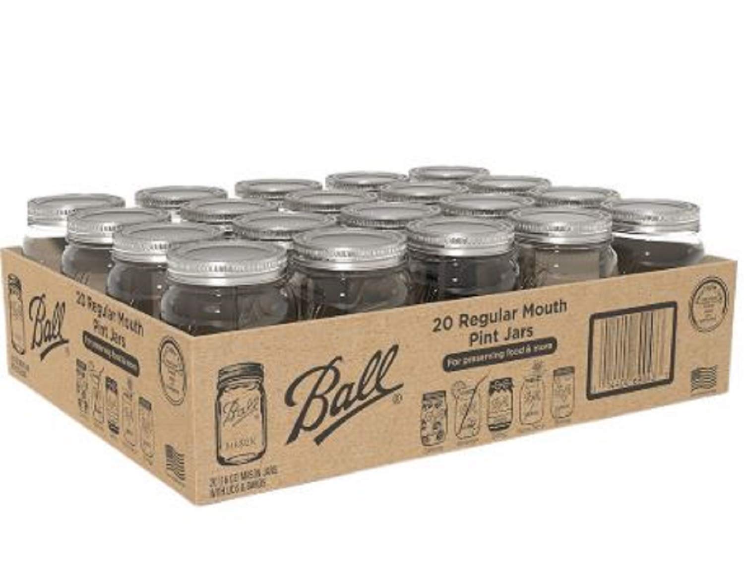 Ball Glass Canning Mason 16 oz Regular Mouth Jars, 20 ct with Lid Set, Ideal for Food Canning, Country Wedding Favors, Shower Fa
