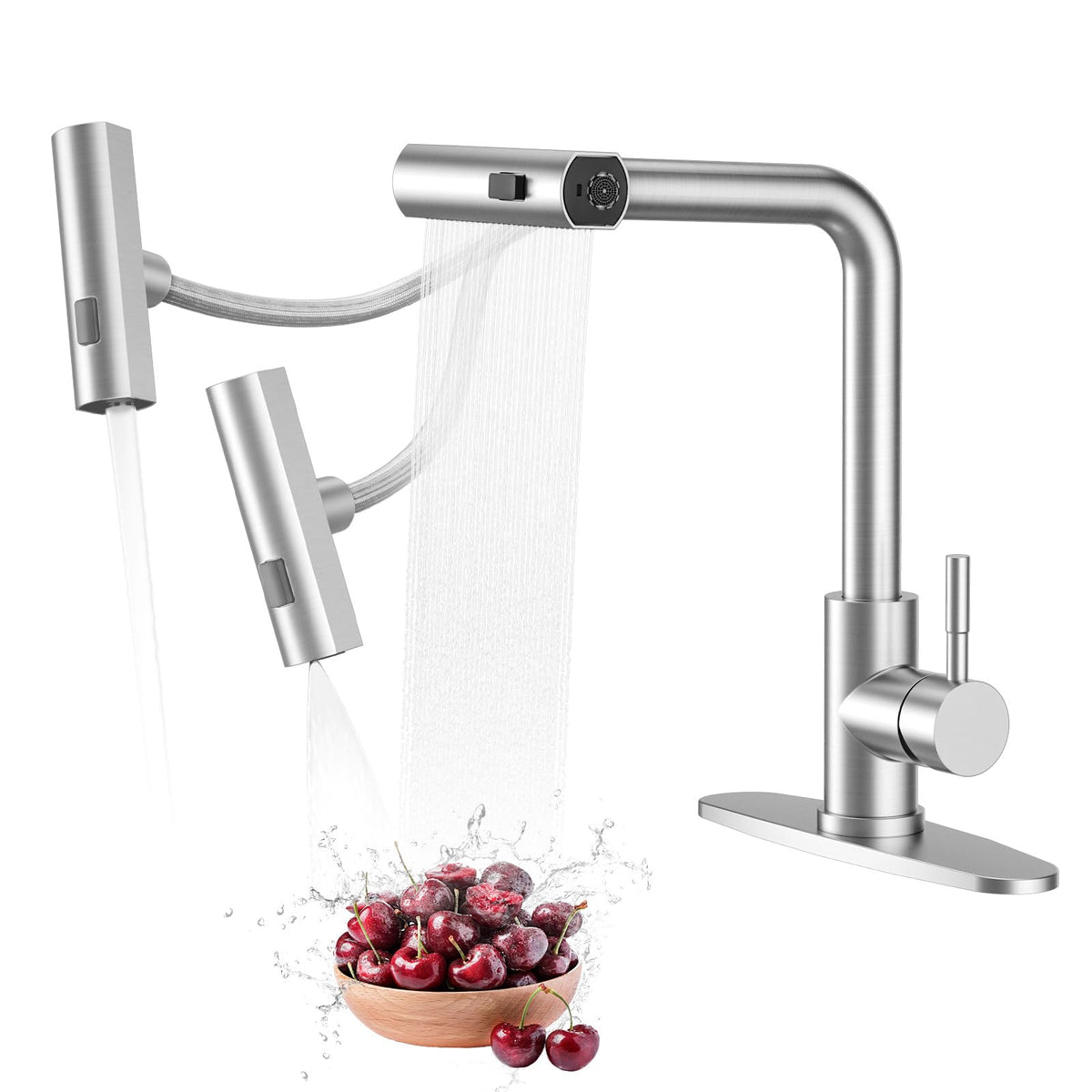 Waterfall Kitchen Sink Faucet With Sprayer: 3 Modes(Waterfall/Stream/Sweep) Pull Down Sprayer - Iviga Brushed Nickel Splash Proo