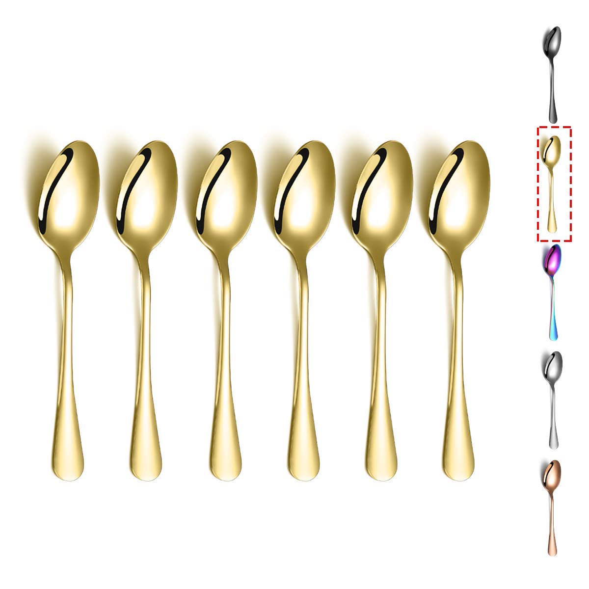 Gold Teaspoons, Kyraton 6 Pieces 6.7'' Stainless Steel Tea Spoons With Gold Titanium Plating, Ice Cream Spoons, Dessert Spoon, C
