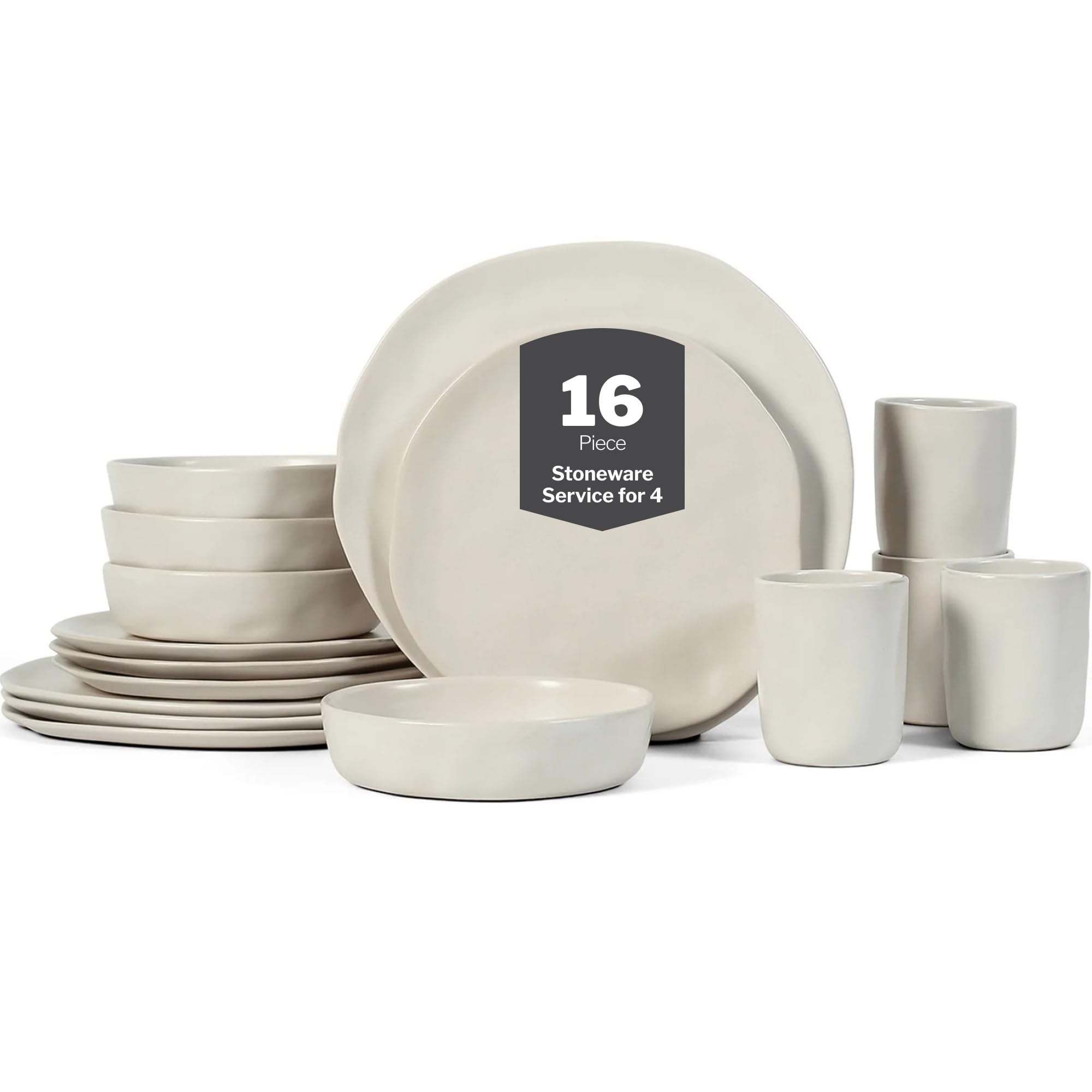 Stone by Mercer Project HEKONDA Modern Stoneware 16-Piece Dinnerware Set, Plate and Bowl Set, Dish Set for 4, Beige