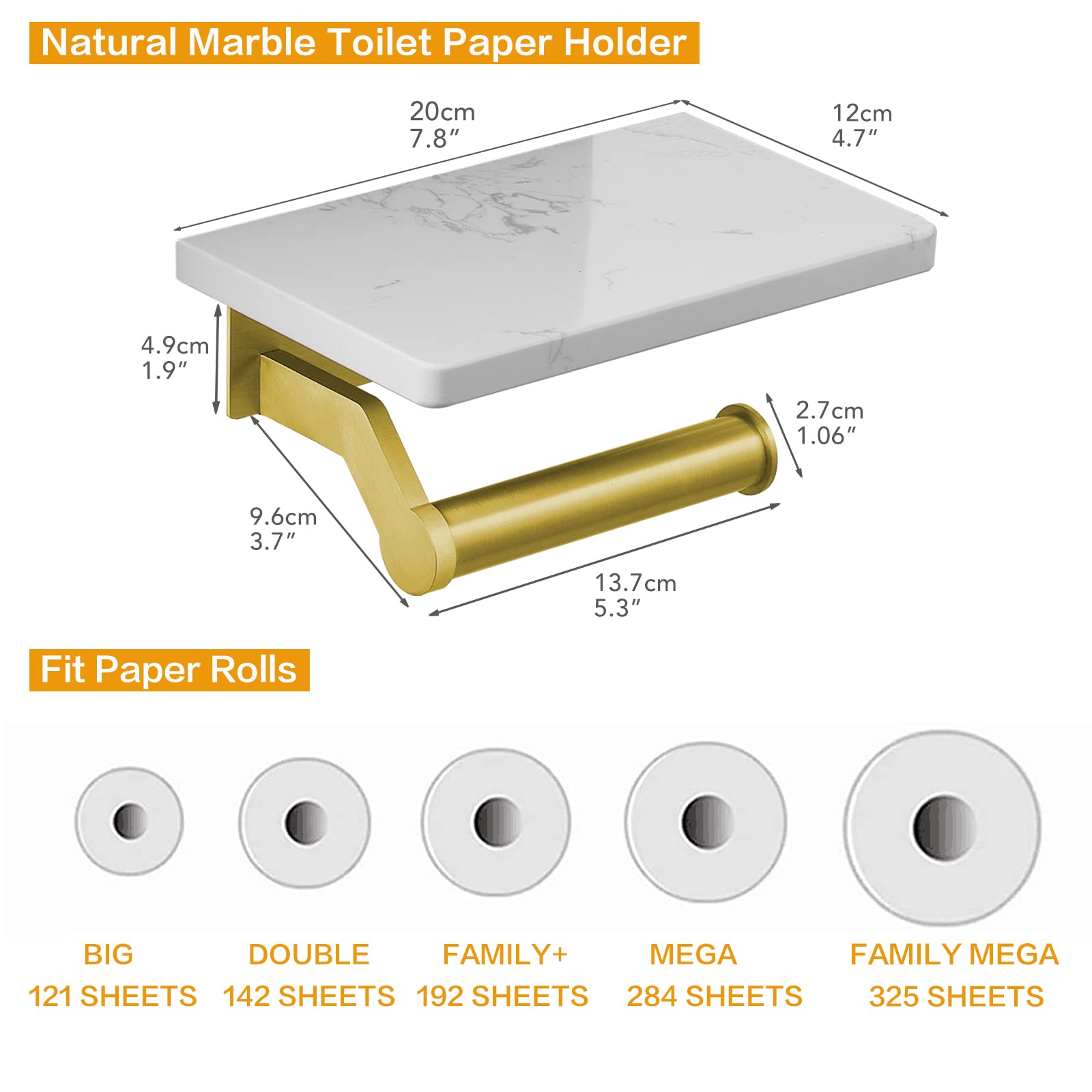 Hoimpro Brushed Gold Stainless Steel Toilet Paper Holder With White Natural Marble Shelf, Wall Mounted Tissue Hand Paper Roll St