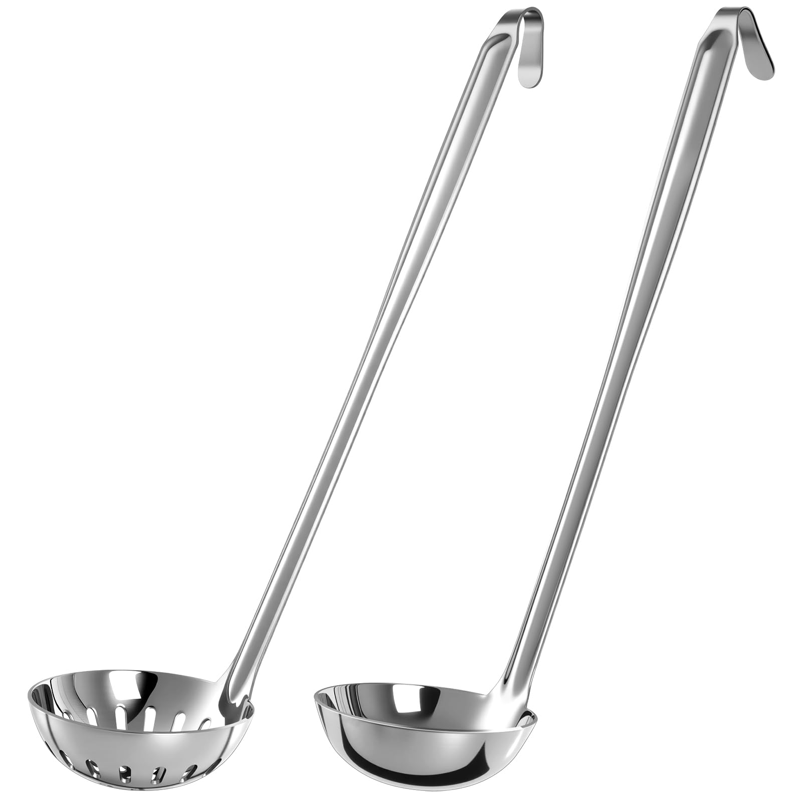 Yiyiring Stainless Steel Soup Ladle Serving Ladle Scoop and Slotted Spoon Set of 2 with Hook for Hanging, Cooking Utensils Set f