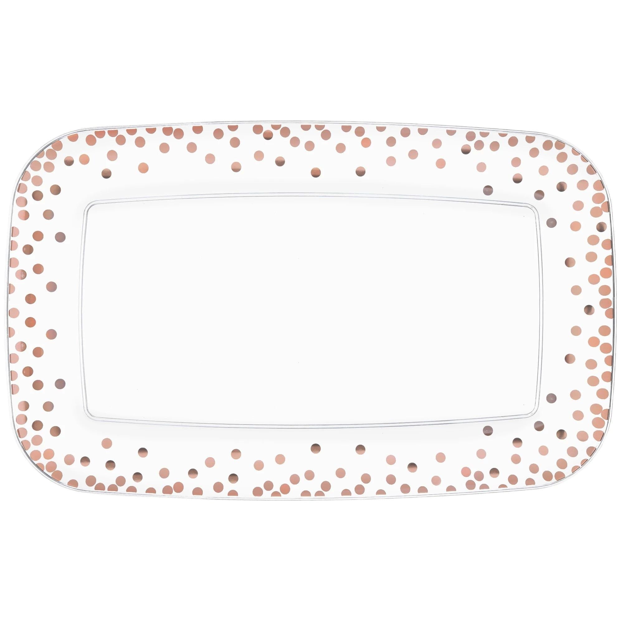 White Rectangular Plastic Serving Platters, Perfect For Parties Trays, 11'' X 18'', Rose Gold Dots