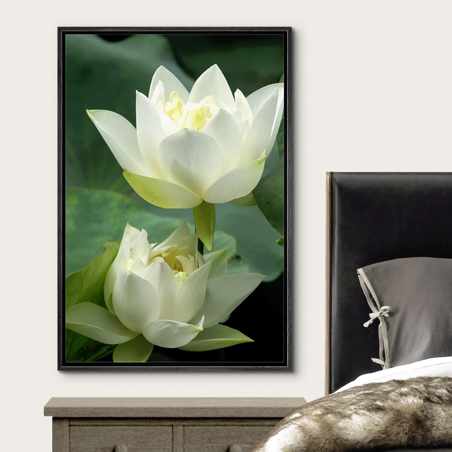 Wall26 Framed Canvas Prints Wall Art - White Lotus Flower And Green Lotus Leaf | Modern Wall Decor/Home Art Stretched Gallery Wr