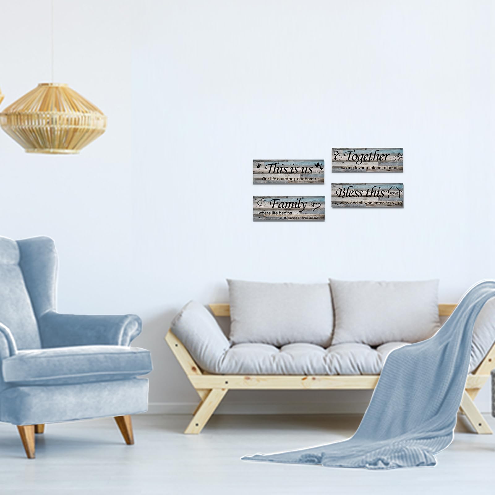 Lnond 4 Pieces Grey Brown Blue Living Room Wall Decor, Motivational Home Family Rustic Wall Art Decor for Bedroom Living Room, R