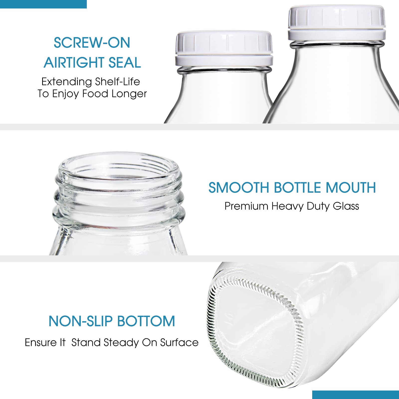 Yeboda 32Oz Glass Milk Bottle With Plastic Tamper-Proof Caps (4 Pack) Vintage Reusable Dairy Drinking Containers, Glass Bottles