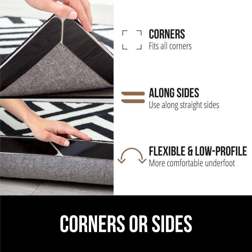 GORILLA GRIP 12 Pc Rug Gripper Pads Keep Area Rugs Corners from Curling, No Damage Reusable Double-Sided Sticky Pads, Holds Down