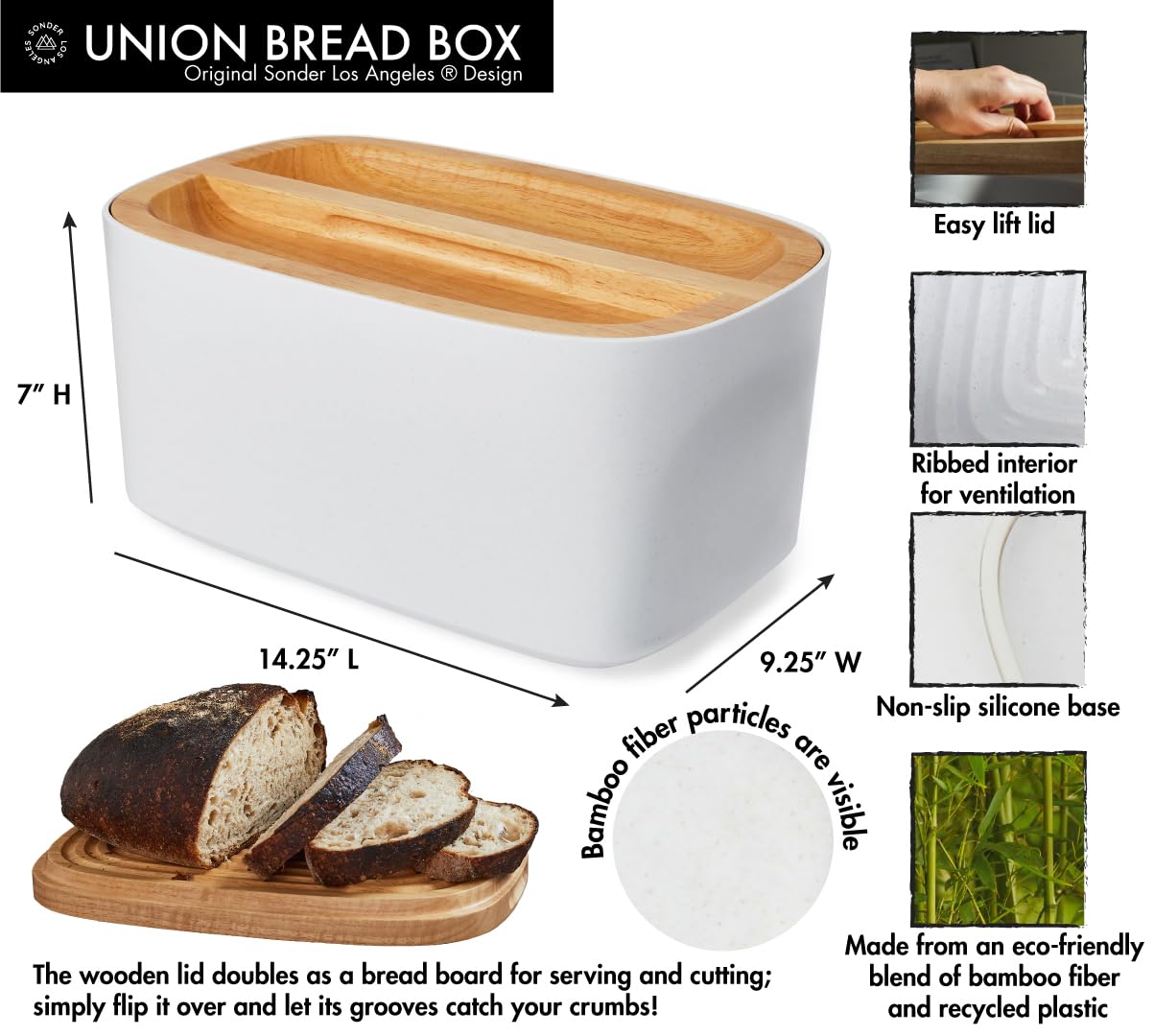Sonder Los Angeles, Modern Bamboo Fiber (White) Bread Box For Kitchen Countertop With Reversible Wood Serving Lid, Homemade Brea