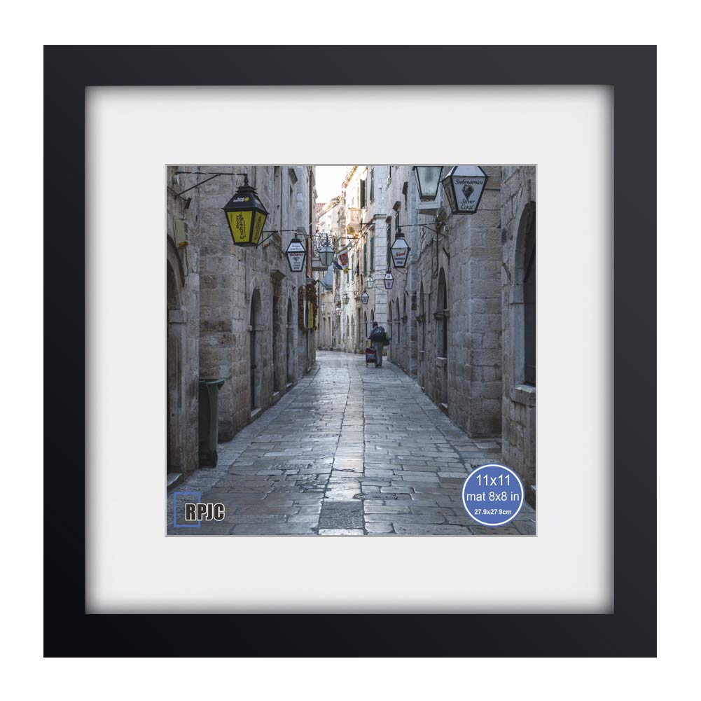 RPJC 11x11 Picture Frame Made of Solid Wood and High Definition Glass Display Pictures 8x8 with Mat or 11x11 Without Mat for Wal