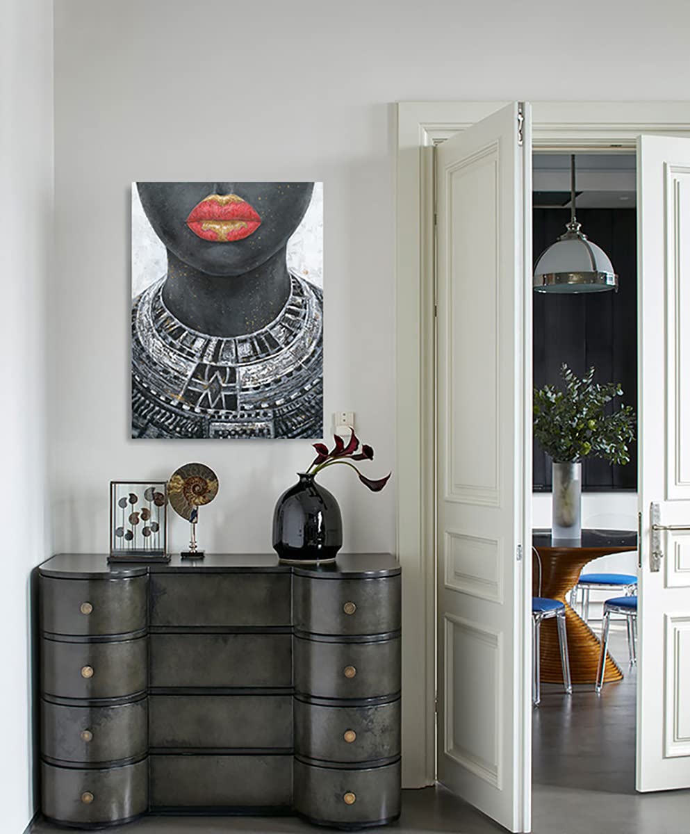 Black Girl Canvas Wall Art: Native African American Woman In Gold And Red Lip With Tribal Necklaces Framed Pictures Black Art Pa