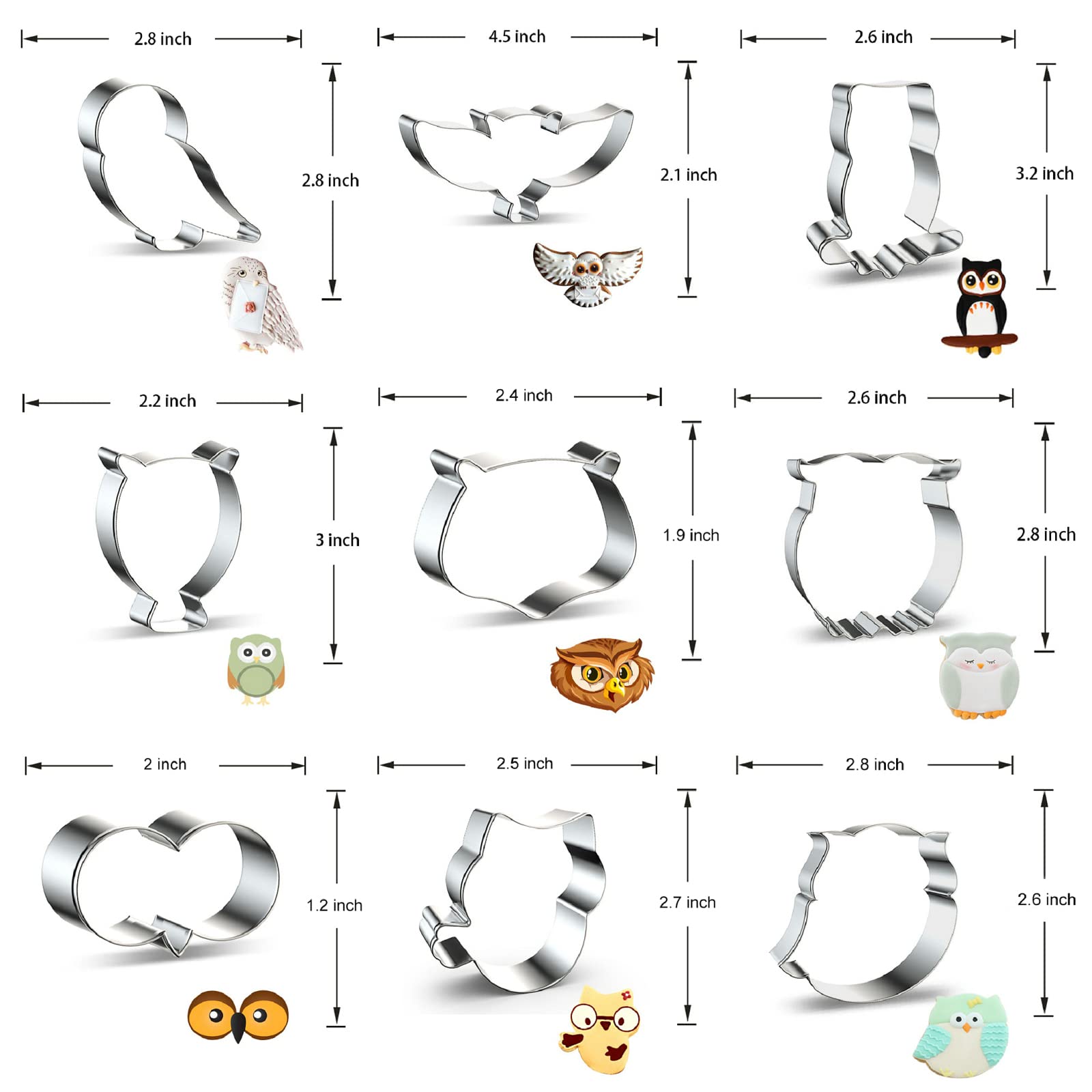 Owl Cookie Cutter Shapes Set - 9 Piece Owl Eye, Owl Face, Owl Head, Cute Cartoon Owl Shaped, Spread Wings Owl Bird Animal Cookie
