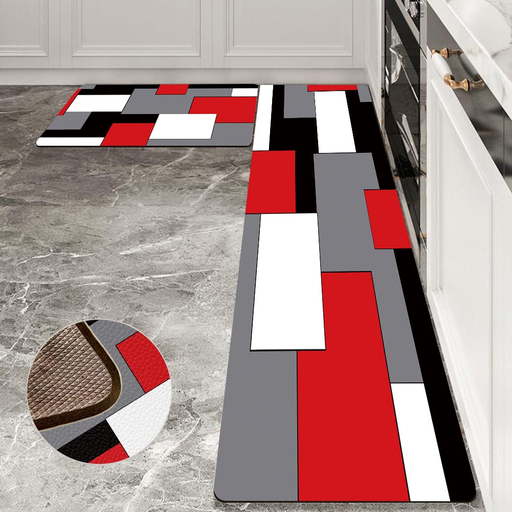 Black,White,Red And Grey Kitchen Rug Set 2 Piece Abstract Geometric Art Cushioned Abstract Modern Mats For Laundry (Geometric Ar
