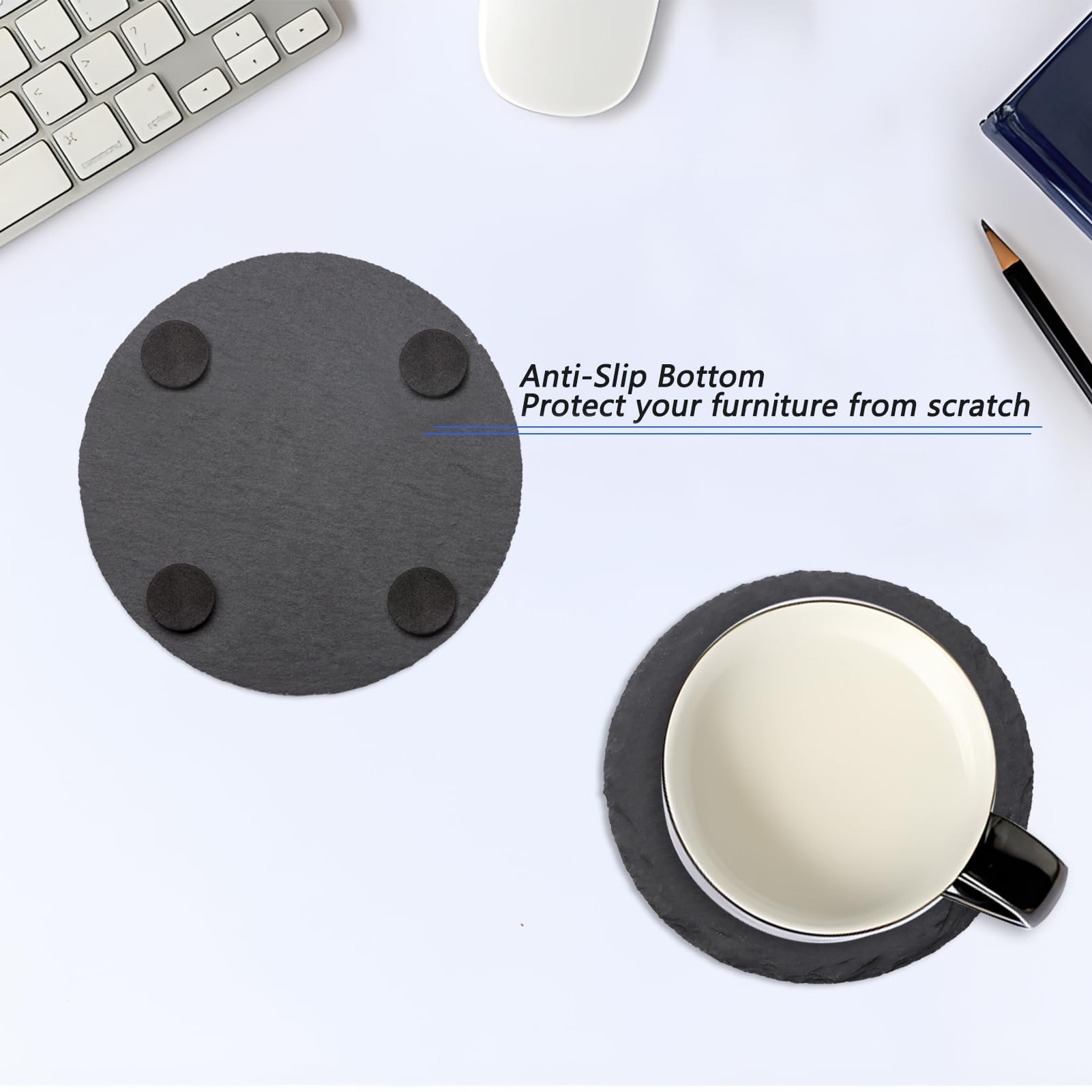 6 Pack Round Slate Drink Coasters, Vibratite 4 Inch Black Slate Stone Coasters Bulk Cup Coasters With Anti-Scratch Bottom For Dr