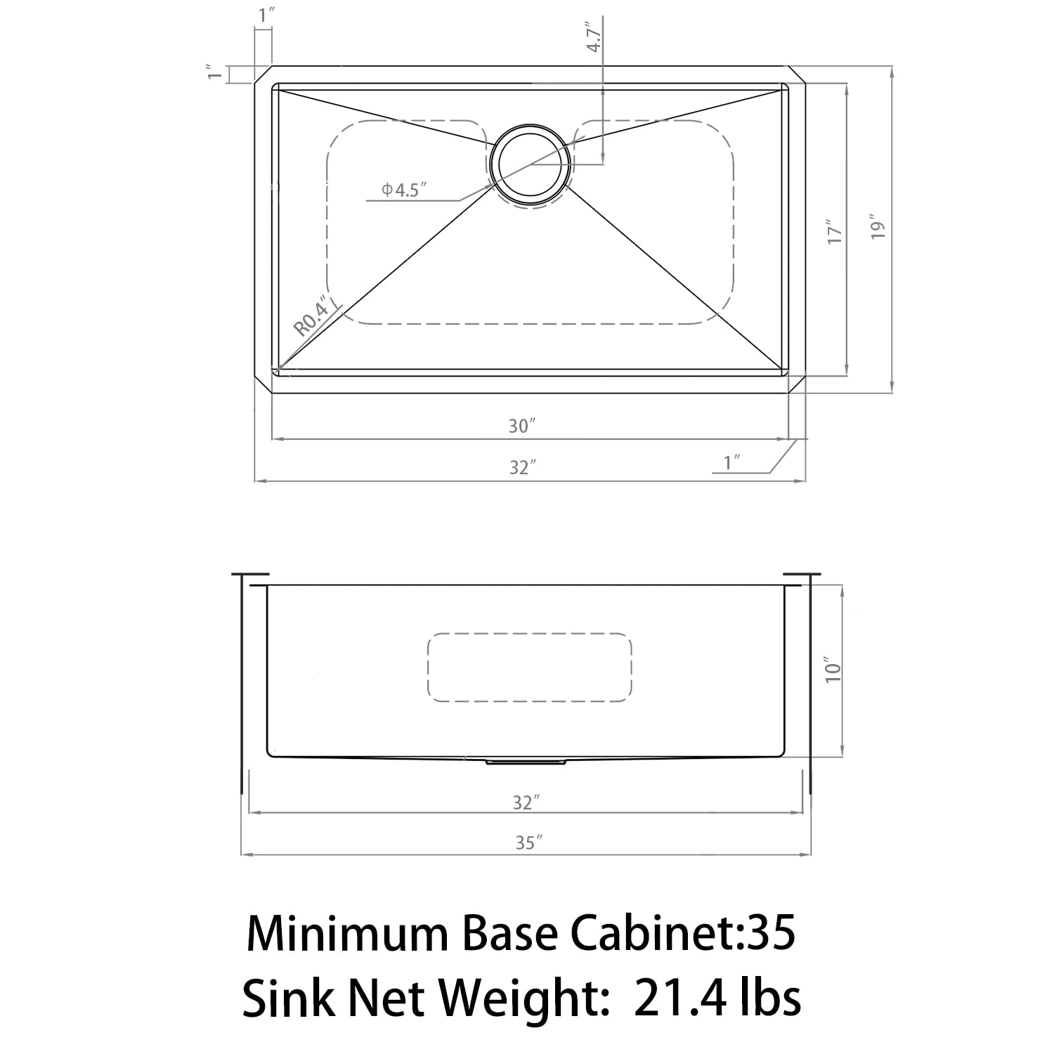 Sinber 32'' X 19'' X 10'' Undermount Single Bowl Kitchen Sink With 16 Gauge 304 Stainless Steel Satin Finish Hu3219S-16G (Sink O