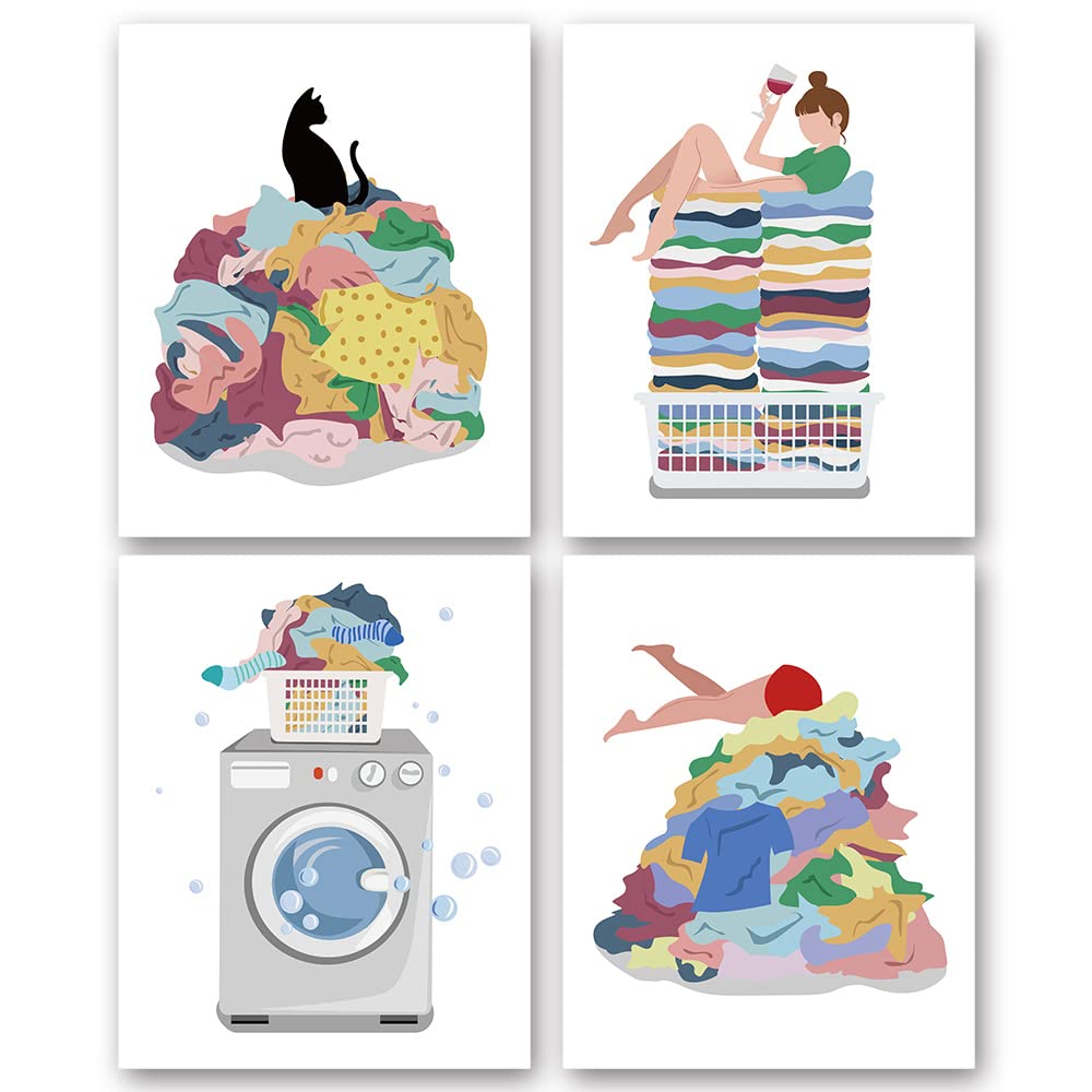 Suuura-Oo Laundry Room Wall Art Decor Prints Set Of 4(8''X10'' Unframed), Creative Illustration Laundry Room Rules Humorous Laun