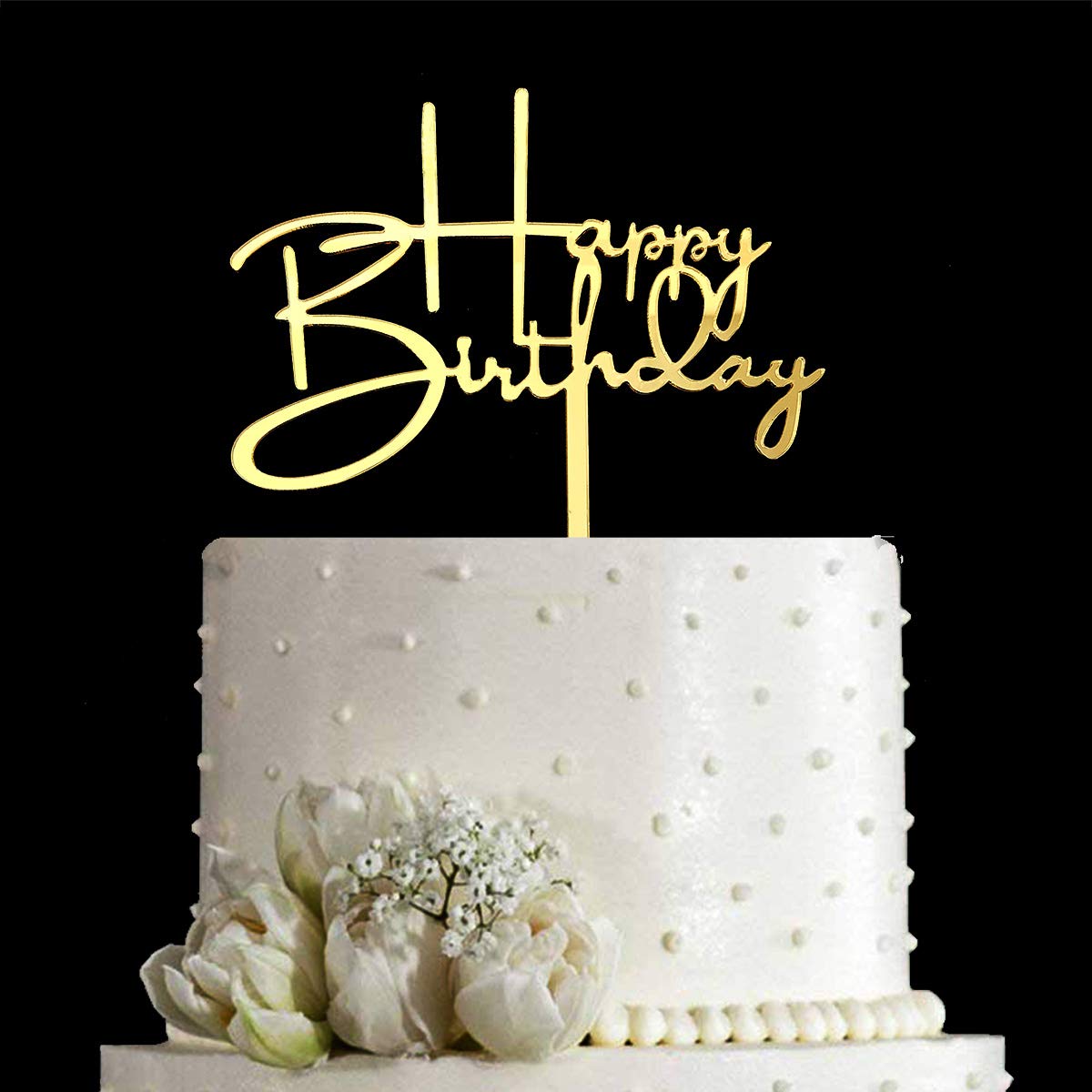 Happy Birthday Acrylic Cake Topper Decoration For Special Event (Mirror Gold)