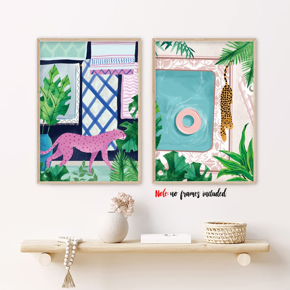 Yimehdan Moroccan Jungle Animal Wall Art Print - Leopard Tiger Bear Elephant Sloth Canvas Print - Forest Animal Tropical Plant A