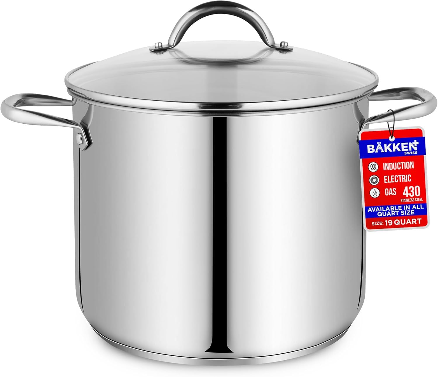 Stainless Steel Stock Pot With Glass Lid 19-Quart - Heavy-Duty Tri-Ply Base For Even Heating, Food-Grade Non-Toxic Steel, Induct