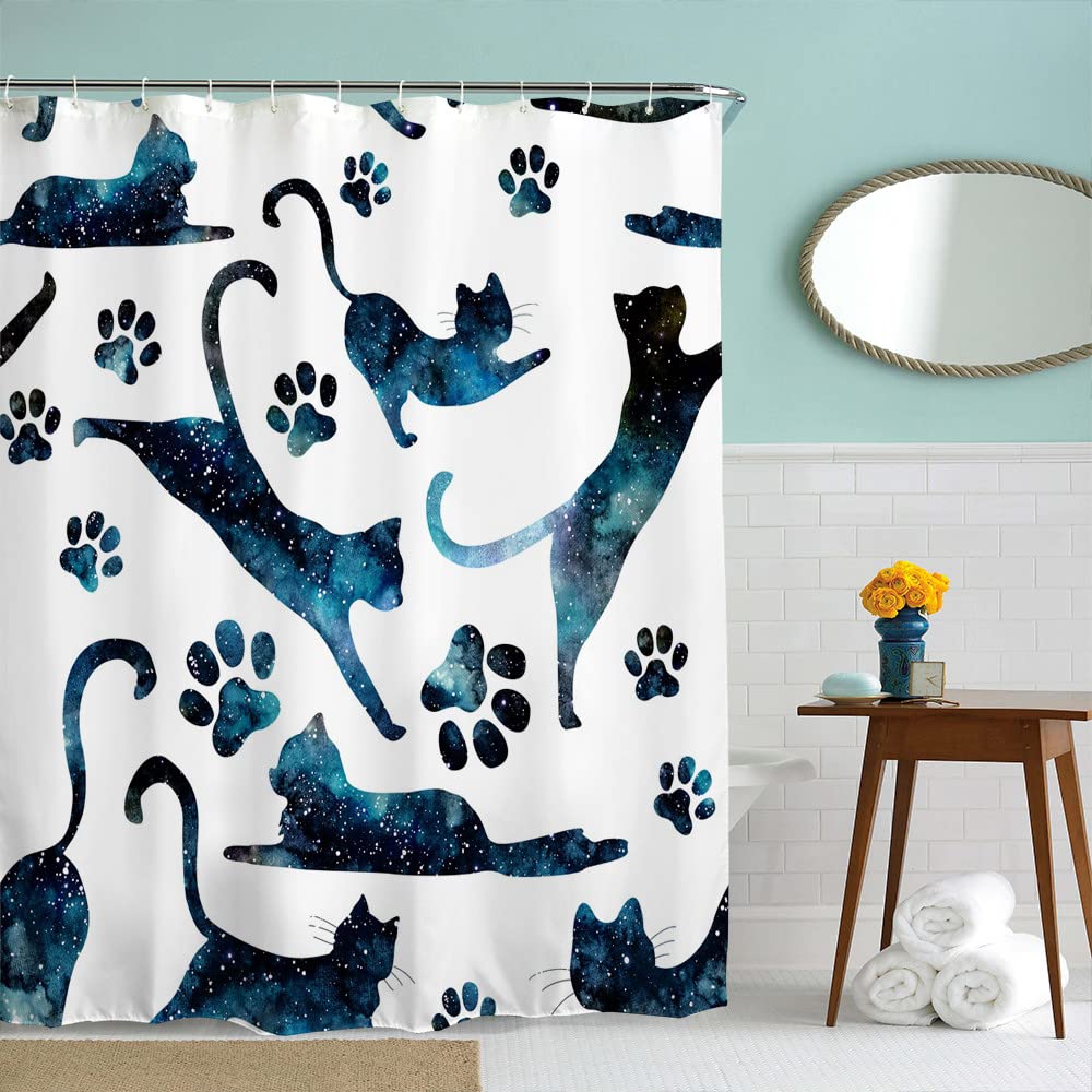 Icosamro Cats Shower Curtain For Bathroom With 12 Hooks Starry Night Cloth Bath Decor Long Fabric Waterproof, 71X72 Inches, Spac