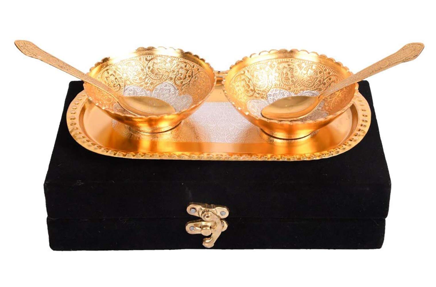 AC ANAND CRAFTS Brass Silver and Gold Plated Bowl Spoon and Tray for Best for Gifting, Anniversory, Return Gift, Diwali, New Yea