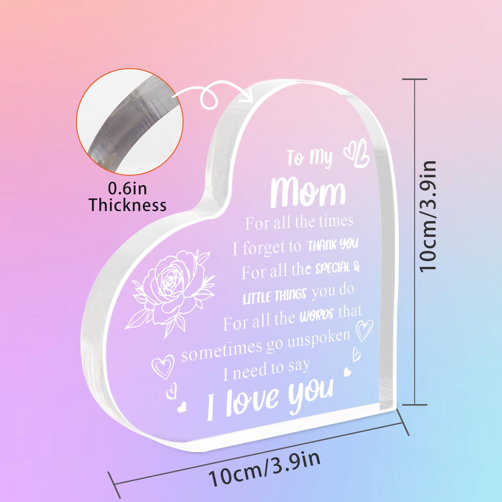 Gifts for Mom From Daughter Son, Heart Shaped Acrylic Block For Moms - I Love You Cute Mum Plaque Thanksgiving, Birthday, Christ